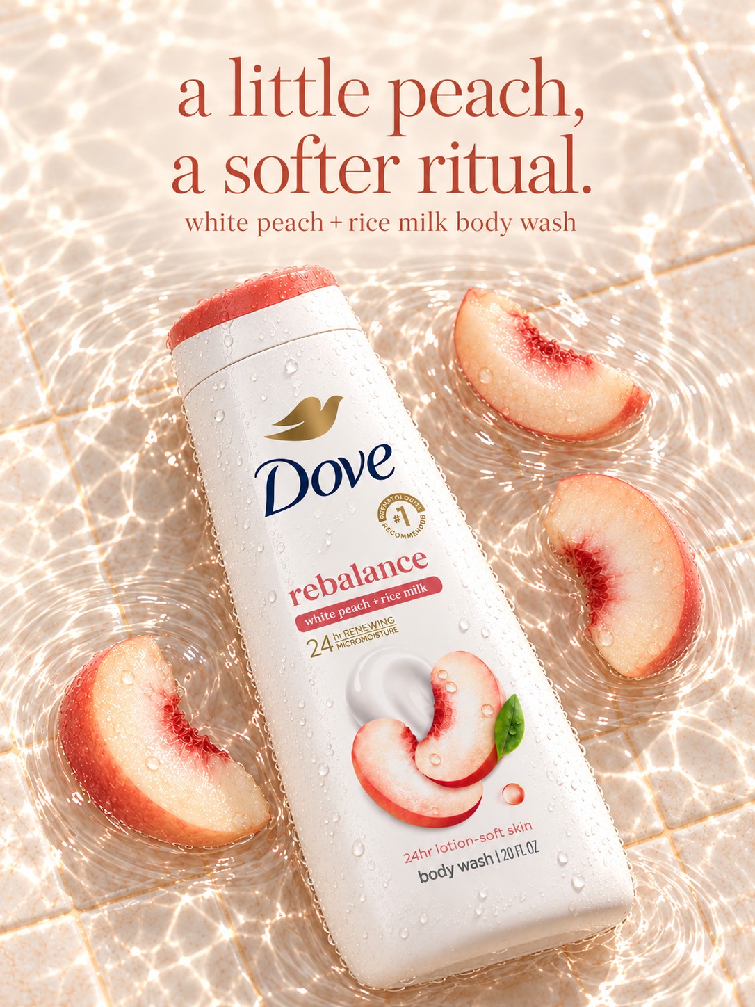 Dove body wash surrounded by peaches in sunlit water